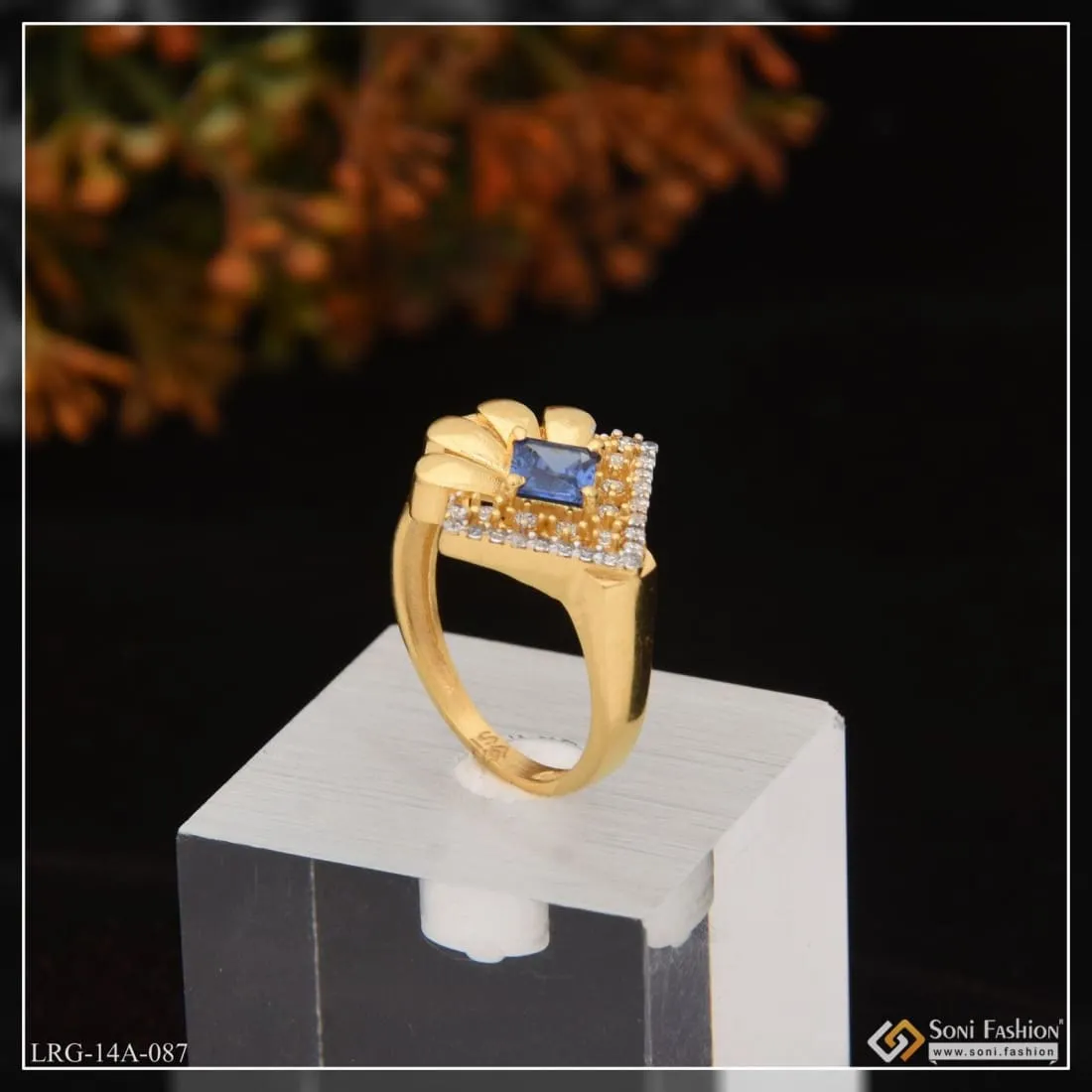 1 Gram Gold Plated Blue Stone With Diamond Designer Ring For Ladies - Style Lrg-087