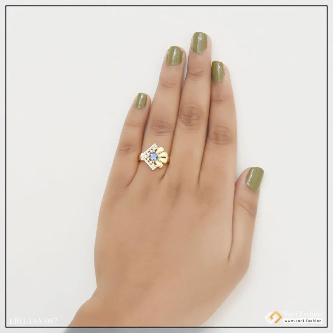 1 Gram Gold Plated Blue Stone With Diamond Designer Ring For Ladies - Style Lrg-087