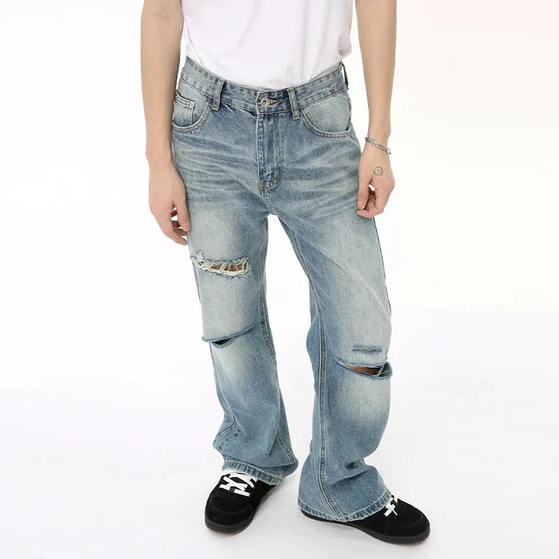 American Style Men's Denim Pants Casual Worn-out Hole Wide Leg Menwear Straight Solid Color Male Bottom Chic 9C6608