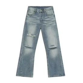 American Style Men's Denim Pants Casual Worn-out Hole Wide Leg Menwear Straight Solid Color Male Bottom Chic 9C6608