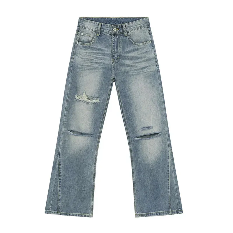 American Style Men's Denim Pants Casual Worn-out Hole Wide Leg Menwear Straight Solid Color Male Bottom Chic 9C6608