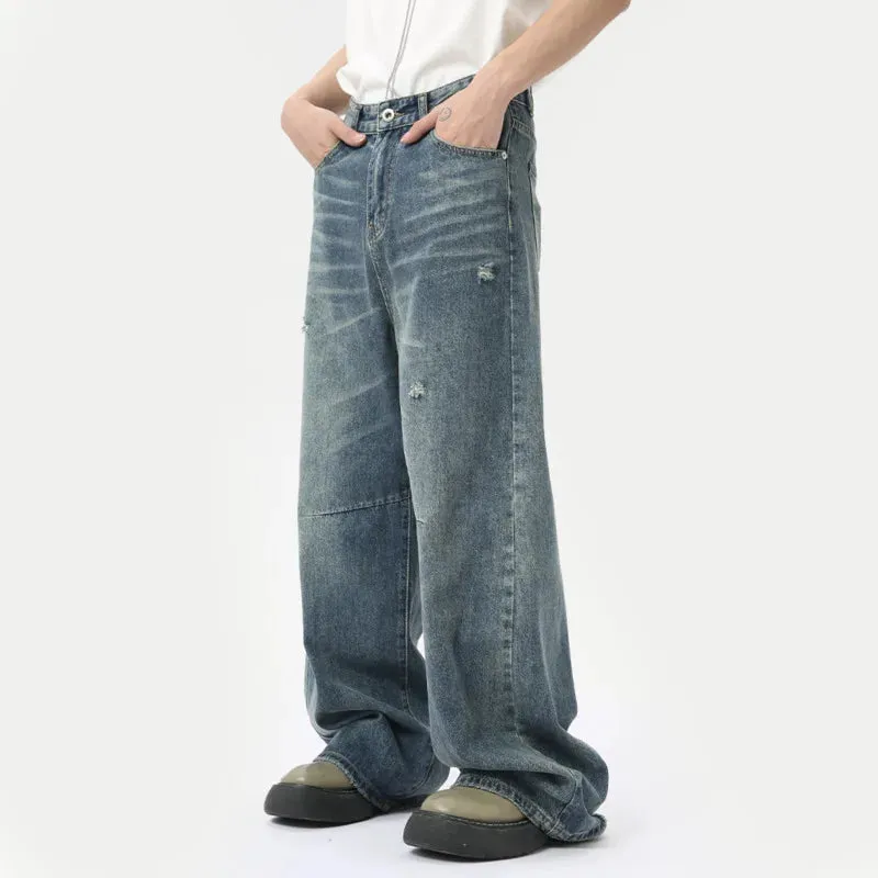 American Style Men's Denim Pants Washing Fashion Loose Men's Straight Trousers Casual Wide Leg Jeans Summer 9C6303