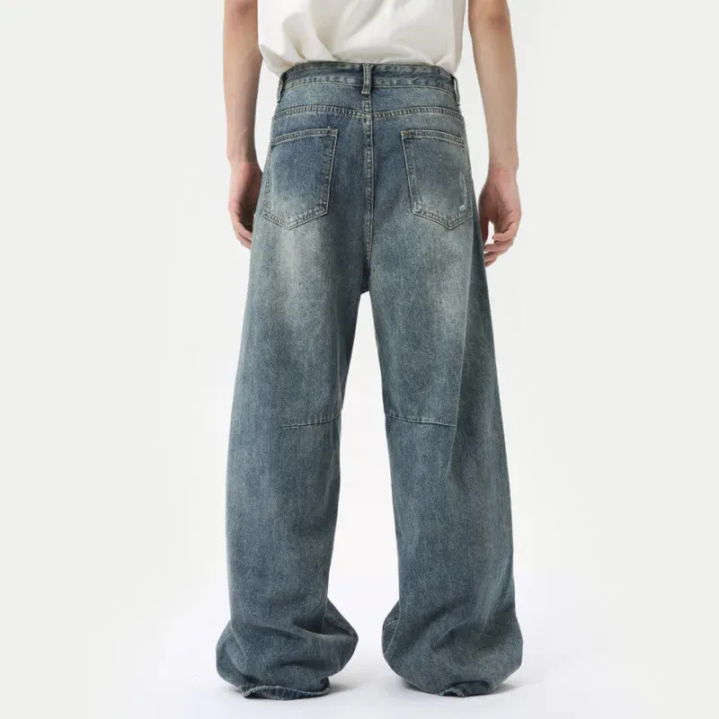 American Style Men's Denim Pants Washing Fashion Loose Men's Straight Trousers Casual Wide Leg Jeans Summer 9C6303