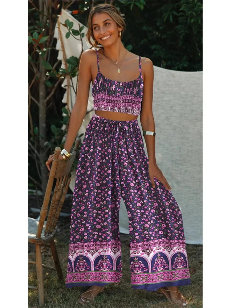 Aziza's Boho Two Piece Set Wide Leg Pants & Crop Top