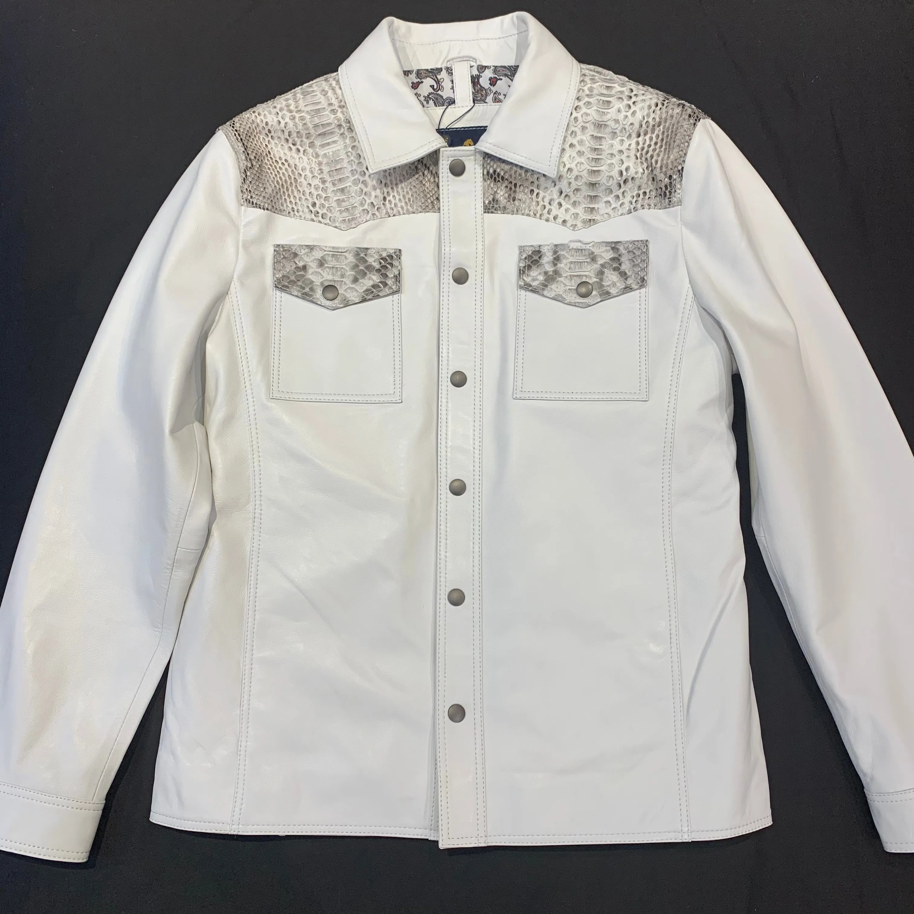 Barya NewYork White/Natural Python Snakeskin Button-Up Shirt