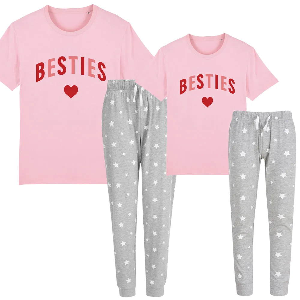 Besties Love Hearts Matching Grey/Pink Star Pyjamas