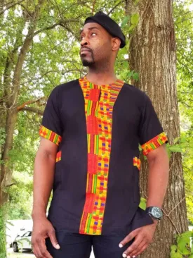 Black plain cotton African Dashiki with Kente Print Trim-DP3298D