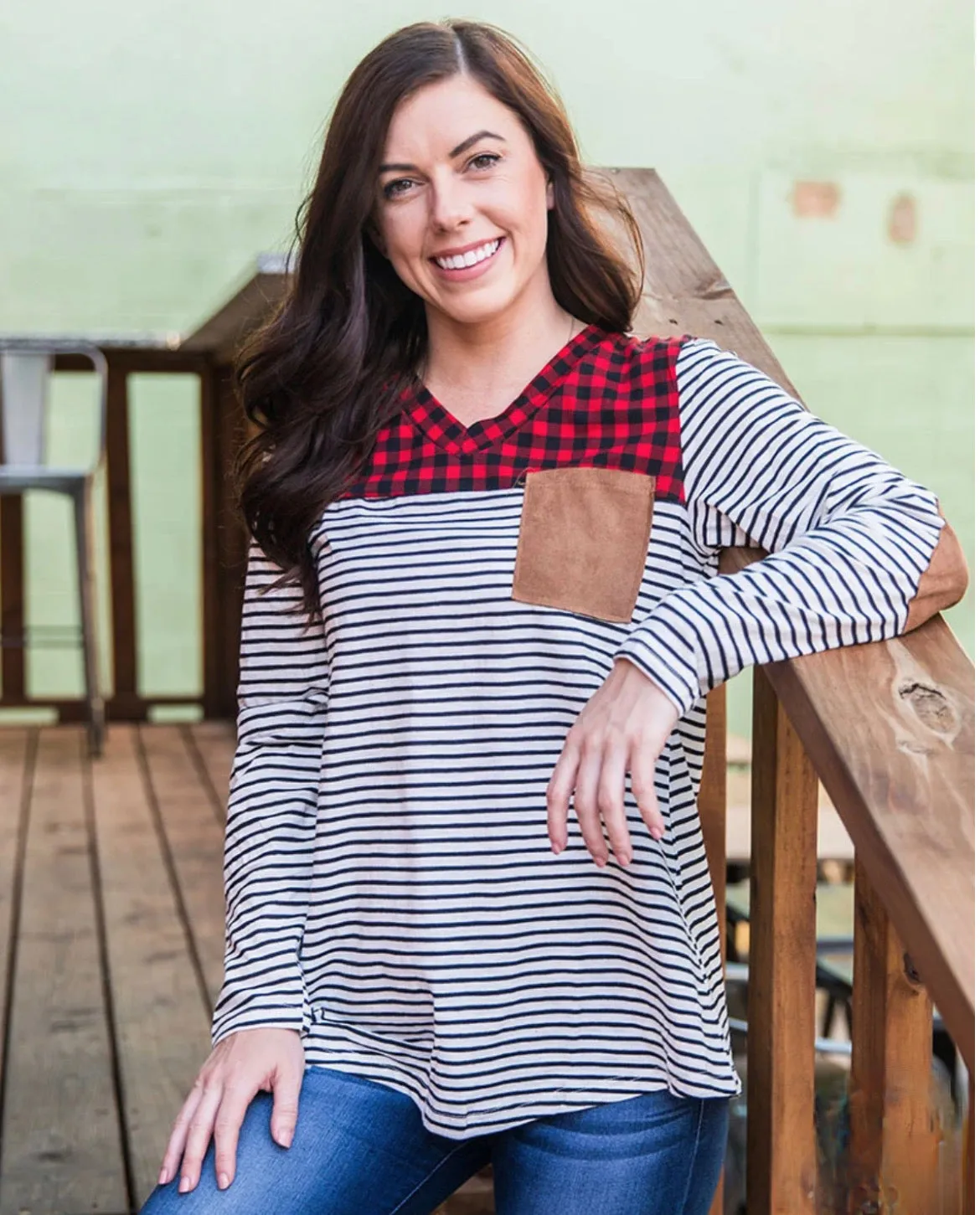 Buffalo Plaid Top with Suede Elbow Patch