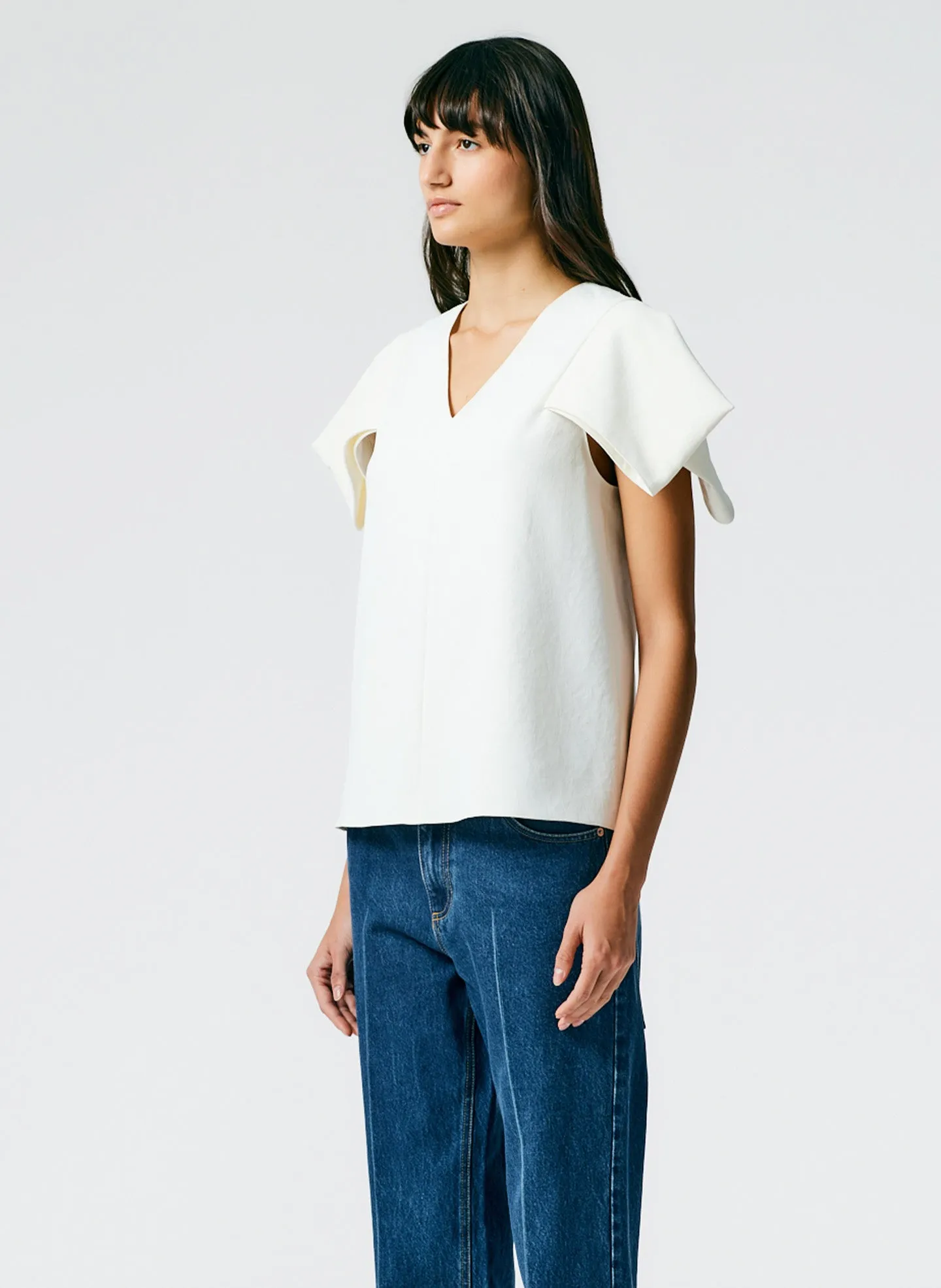 Chalky Drape V-Neck Top With Folded Sleeve