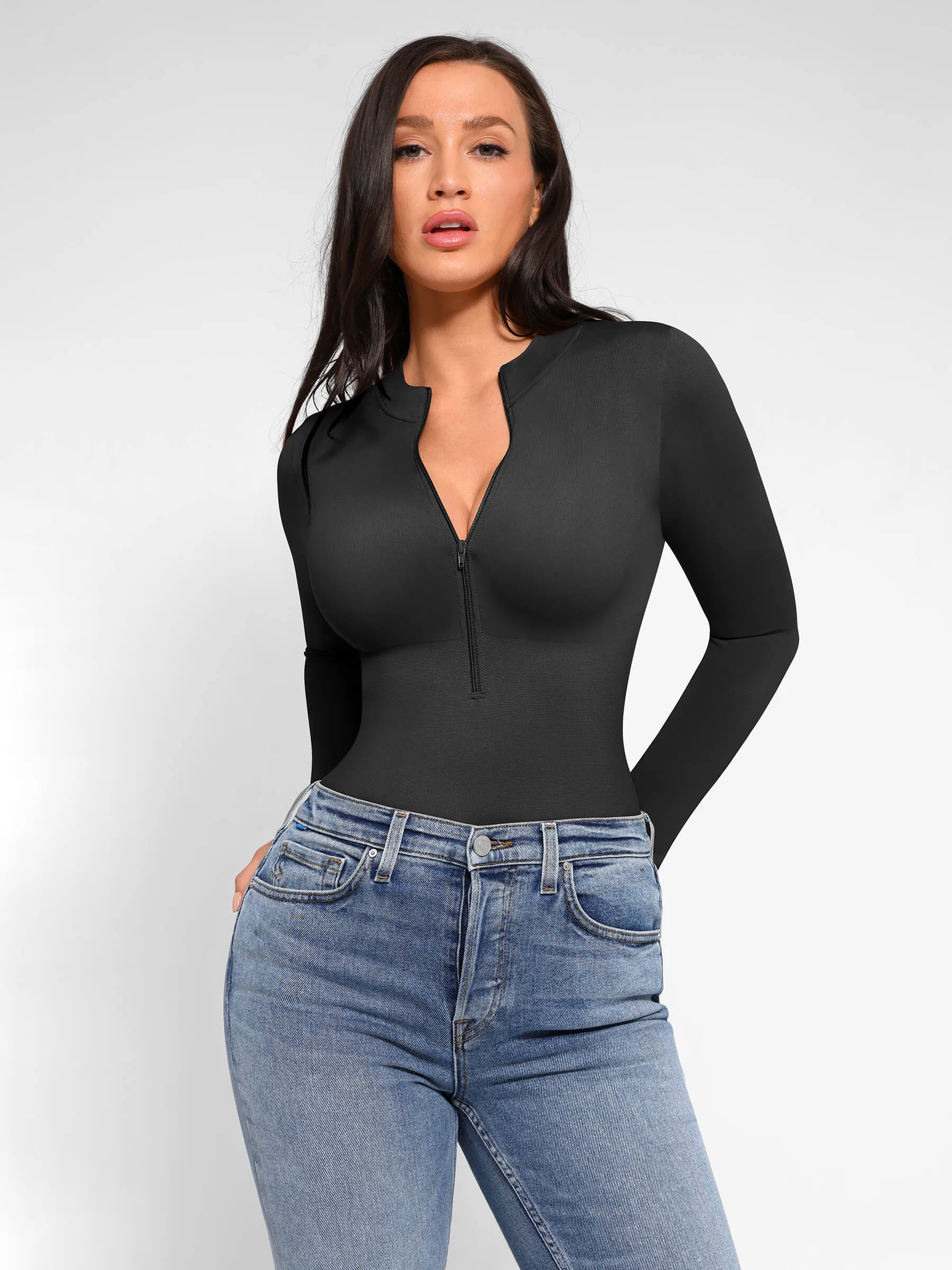 Feelingirl Seamless Long Sleeve Zipper Thong Bodysuit