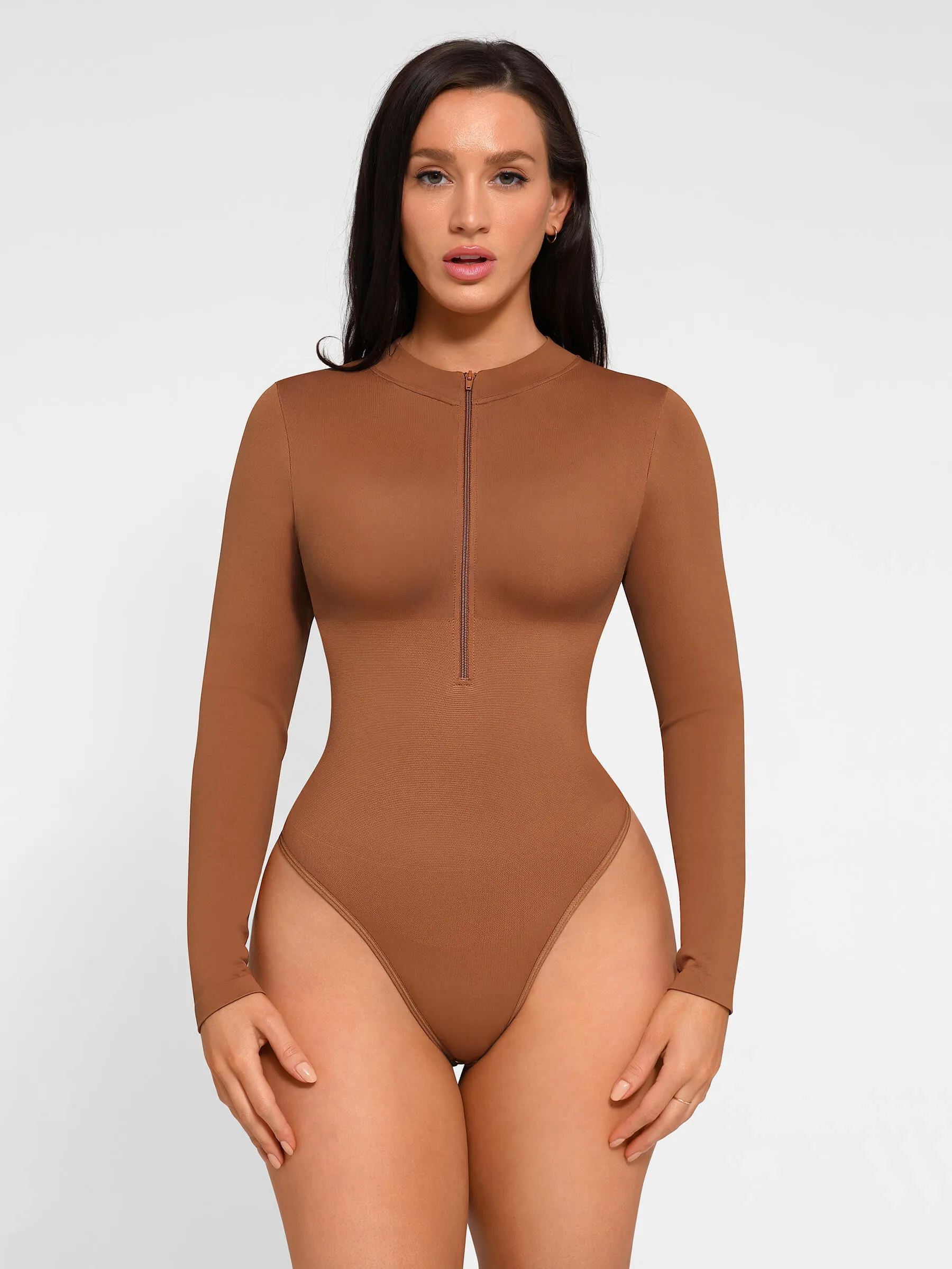 Feelingirl Seamless Long Sleeve Zipper Thong Bodysuit