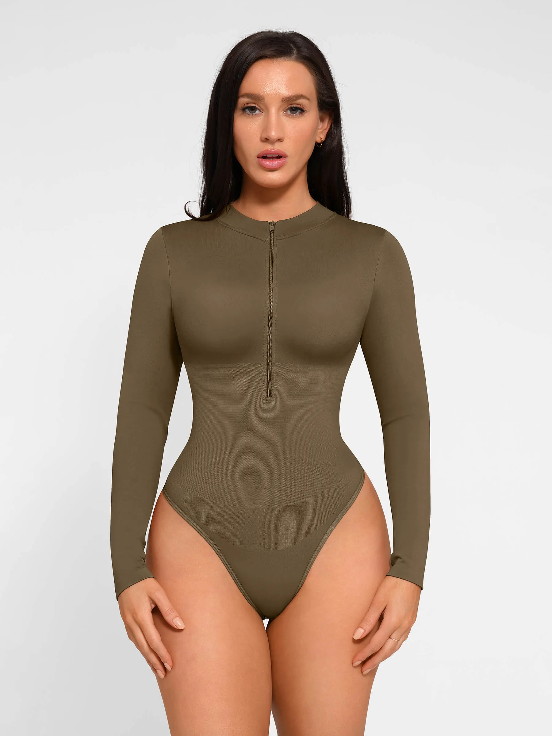 Feelingirl Seamless Long Sleeve Zipper Thong Bodysuit