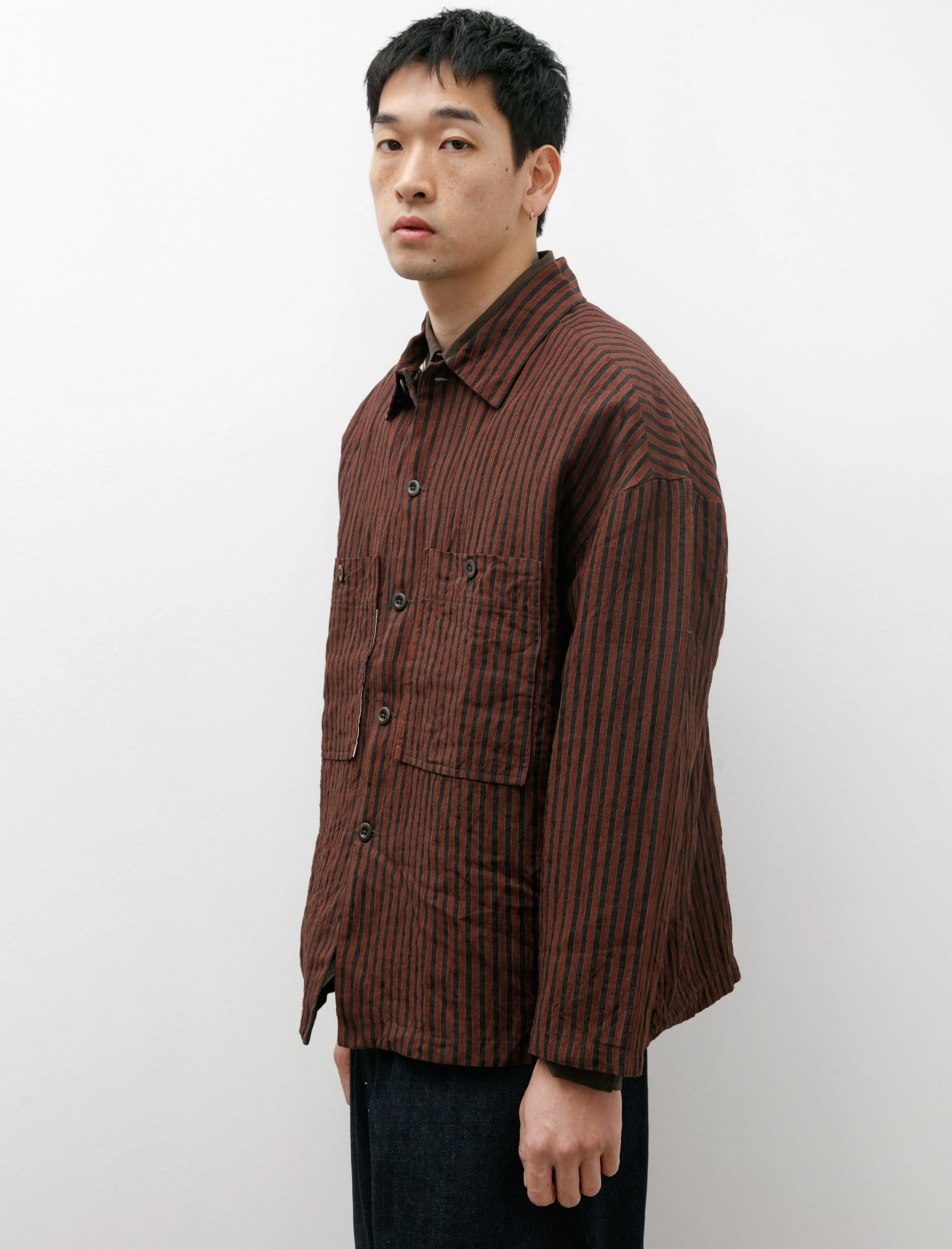 Field Shirt Two Yarn Dyed Linen Stripe Navy Red