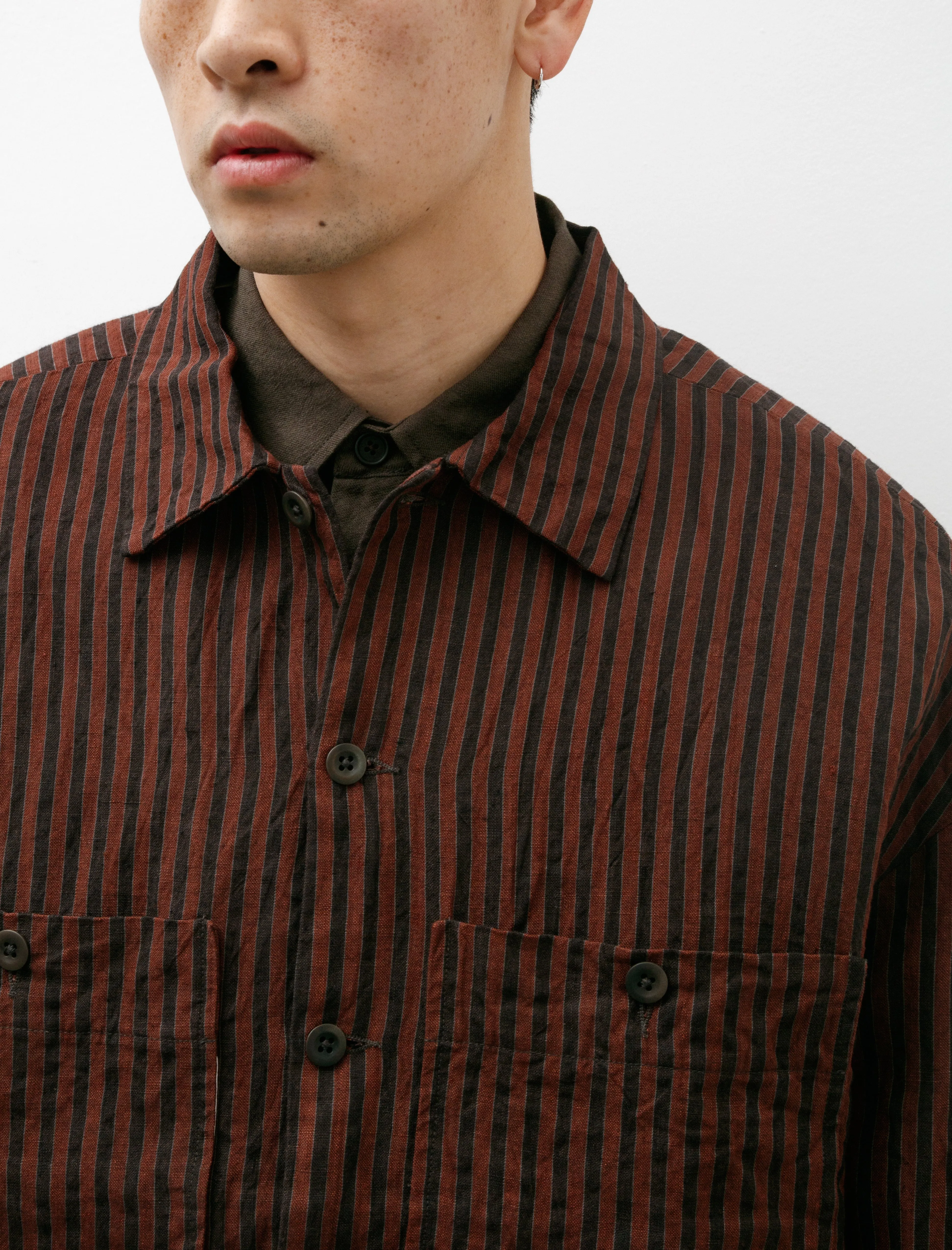 Field Shirt Two Yarn Dyed Linen Stripe Navy Red