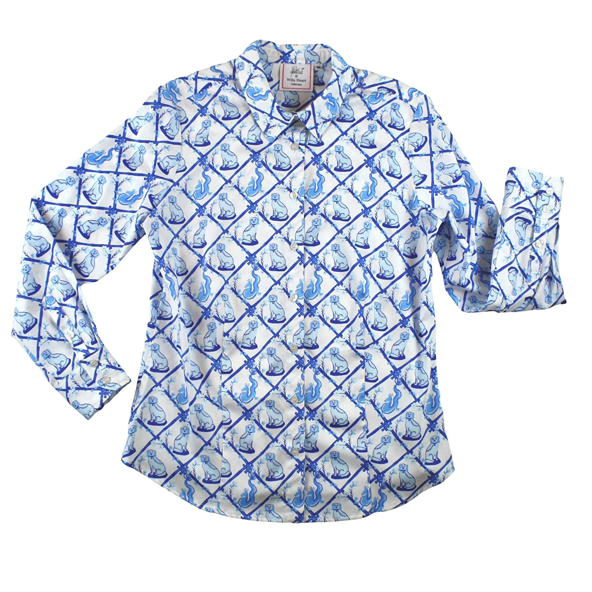 Ladies Classic Shirt in Willa Heart Blue and White Dog Print