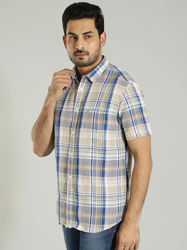 Men Checked Half Sleeve Linen Blend Shirt