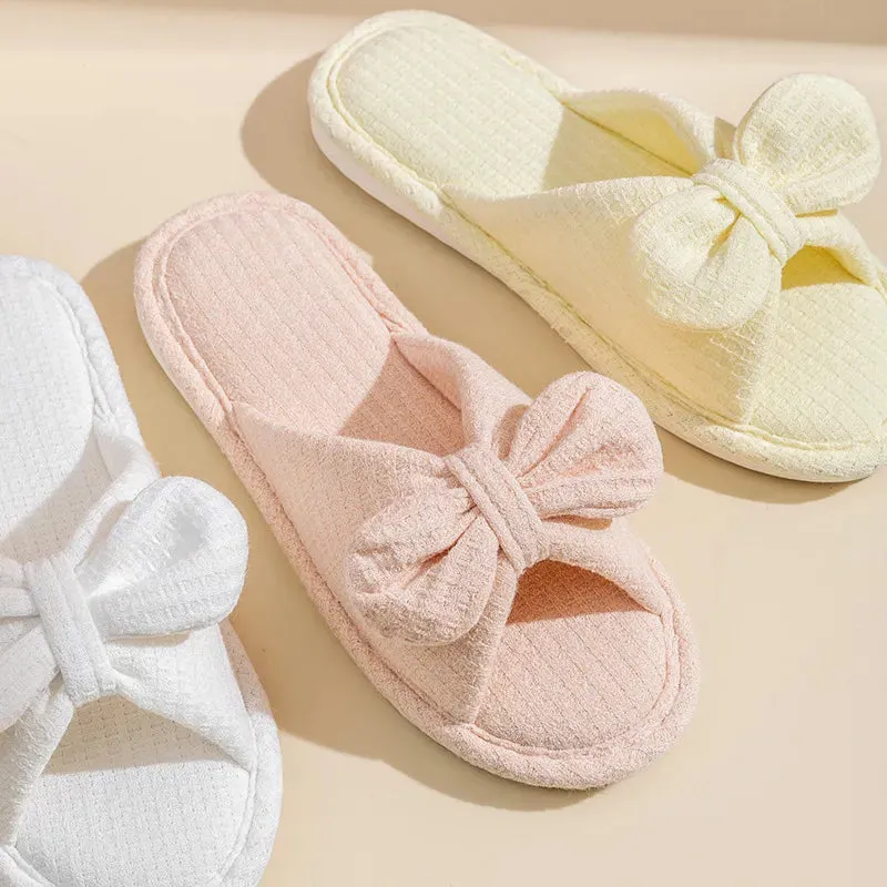 New ins bow knitted cotton home slippers cute teenage open toe couple sandals women yellow