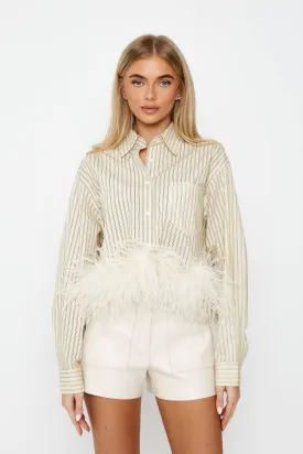 Striped Shirt with Feather Trim