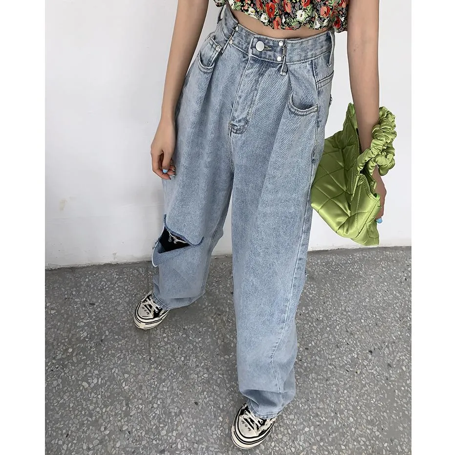 Teenage Fashion High Waist Knee Hole Ripped Baggy Jeans