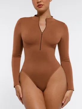 Wholesale Seamless Long Sleeve Zipper Thong Bodysuit